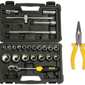 STANLEY STMT72795-8 SQ. Drive Metric 1/2” 6 Point Socket Set (24-Pieces) & STANLEY 70-462 6” Sturdy Steel Long Nose Plier Single Color Sleeve