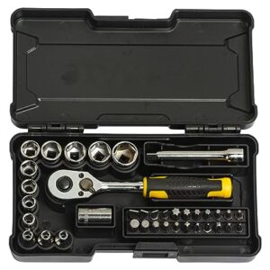 STANLEY STMT82672 1/4" 37-Piece Chrome Compact Socket Set comes with a Heavy-Duty Plastic Case for Home, DIY, Industrial & Professional Use, YELLOW & BLACK