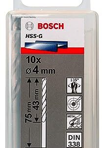 Bosch Professional Metal Drill Bits HSS-G With Diameter 4mm Working Length- 43mm, Total Length- 75mm, Pack Of 10