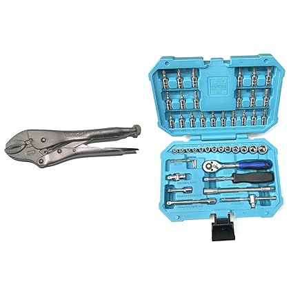 Taparia 1641N-10 Curved Jaw Vice Grip Plier+Taparia SA46 Steel Socket Set (Blue, 46-Pieces)