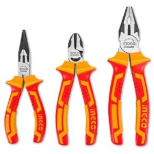 INGCO 3 Pcs Insulated Pliers Set, Cr-V, Black Finish and Polish, Stand 1000V High Pressure, Includes 8″ combination pliers, 6″ needle nose pliers, 6″ diagonal cutting pliers for Home, DIY, Repair