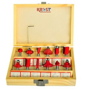 KROST 12-Pieces Multi Shapes Router/Trimmer Bit Set Combo with Wooden Box 1/4-inch (6.35mm Shank) Specially Designed for Woodworking