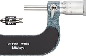 Mitutoyo 126-126 Screw Thread Micrometer, Interchangeable Anvil-Spindle Tip, Ratchet Stop, 25-50mm Range, 0.01mm Graduation, -0.004mm Accuracy