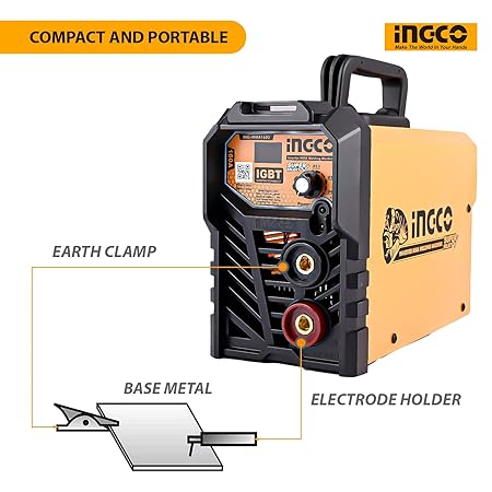 INGCO ING-MMA1602 Inverter MMA Welding Machine LCD Display 240V IGBT Technology Electric Welder with Electrode Holder Earth Clamp Wire Brush Hemet & Cable - Black/Orange - Image 4