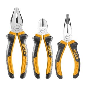 INGCO HKPS08318 3 Pcs Pliers Set, Includes 8″” Combination pliers, 6″” Long Nose Pliers, 6″” Diagonal Cutting Pliers for Home, DIY, Vehicle Repair, Equipment Assembly, Machine Maintence