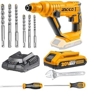 Ingco Cordless Rotary Hammer, 20V Lithium-Ion Rotary Hammer Drill, 0-900/min | 0-5100bpm | 2 Mode Operation | 1.5J, Rotary Hammer With SDS-plus Drill Bits, With a 4.0Ah Battery and Fast Charger, Orange,Black