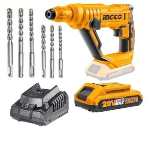 INGCO Cordless Rotary Hammer, 20V Lithium-Ion Hammer Drill for Home Use, 5100 BPM, 2 Mode Operation, 1.5J, Rotary Hammer With SDS-plus Drill Bits, With a 2.0Ah Battery and Fast Charger