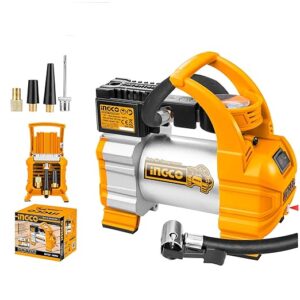 INGCO AAC1408 Auto Air Compressor, 12V | 10A | 140PSI Portable Tyre Inflator Pump, With 1pcs 3m Cord with Cigarette Lighter, 1pcs Battery Clips, 4pcs Adapters, LED Light for Car, Bicycle, Balloons and Other Inflatables