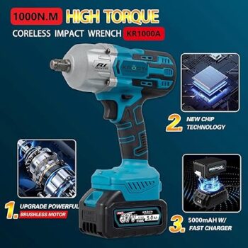 Krost Pro 1000Nm Torque Cordless Impact Wrench with 37V Dual Battery Kit
