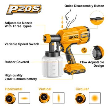 INGCO 20V Cordless Spray Gun, Spray Paint Machine, 800Ml, 600 Ml/Min, 40Din-S Painting Machine With 1Pcs Battery And Fast Charger, Electric Spray Gun For Wall, Fencing, Black - Image 3