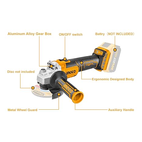 INGCO Cordless Angle Grinder, Brushless Motor, 20V Lithium-ion Angle Grinder(NOT INCLUDES BATTERY AND CHARGER), M10 | 3000/8500rpm, Power Grinder for Cut Through Metals, PVC Pipe, or Sharpen Tools - Image 4