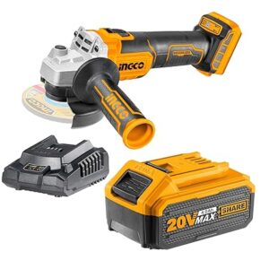 Ingco 20VCordless Angle Grinder Machine,Cutter machine with 4.0Ah Battery and a Fast Charger, Variable Speed Angle Grinder,M10,3000/8500rpm, Power Grinder