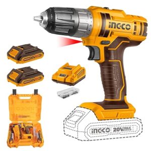INGCO 51pcs Drill Machine Kit, 20V Lithium-Ion Drill Machine,0.8-10mm Chuck, Spindle Lock Function, 45NM, 15+1, Cordless Drill Kit with 2 * 2.0Ah Batteries, 1 Fast Charger