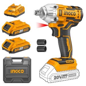 Ingco Brushless Impact Wrench, 20V Lithium-Ion Cordless Impact Wrench, 1/2 Inch | 300NM | Cordless Impact Wrench with 2PCS Sockets, 2 Batteries, 1 Charger