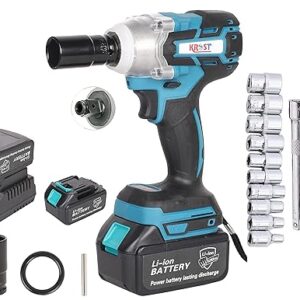 KROST 21V Brushless Double Battery Powerful Cordless Impact Wrench | Impact Driver with 1/2″ 12pcs Aluminium Combination Socket Wrench Set (Impact Wrench + Socket Set)