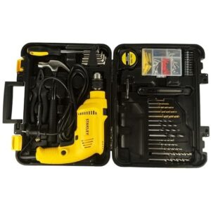 STANLEY SDH550KP 550W 10mm Corded Single Speed Hammer Drill Machine and Hand Tool Kit (120-Pieces) – Includes Hammer Drill, Measurement Tape, Drill Bits, Hammer, 1 Year Warranty, YELLOW & BLACK