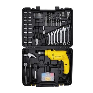 STANLEY SDH550KM-IN 550W 10mm Corded Single Speed Hammer Drill Machine with Mechanical Hand Toolkit (120-Pieces) – Includes Hammer Drill, Measuring Tape, Hammer, 1 Year Warranty, YELLOW & BLACK