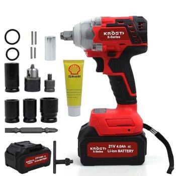 KROST-X-SERIES 550NM Brushless Cordless Impact Wrench Kit, Double Li-Ion Batteries,Auto Stop Function, Forward/Reverse Rotation with Sockets Drill Chuck & Adapter