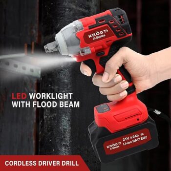 KROST-X-SERIES 550NM Brushless Cordless Impact Wrench Kit, Double Li-Ion Batteries,Auto Stop Function, Forward/Reverse Rotation with Sockets Drill Chuck & Adapter - Image 6