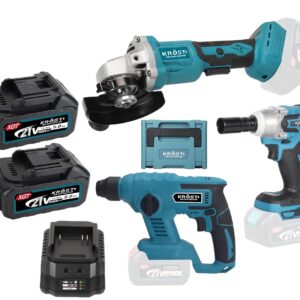 KROST PRO Series Combo Kit, Cordless Hammer Drill, Cordless Angle Grinder, Cordless Impact Wrench, Brushless Motor, With 2 pcs 5.0Ah Batteries and Fast Charger