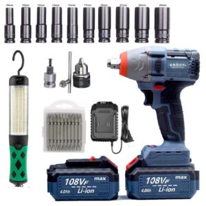 KROST ECO SERIES 380NM Brushless Cordless Impact Wrench Kit, 21V Double Li-Ion Batteries,Auto Stop Function with Drill Chuck & Adapter,Work Lamp, Impact Socket Set Combo Kit