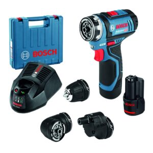 Bosch GSR 12V-15 FC Heavy Duty Cordless Drill, 19 mm, 1/4″ Tool Holder, FlexiCLick System, 0.6 kg, 2 x battery GBA 12V 2.0Ah, Quick charger GAL 12V-40 Professional & Accessories, 1 Year Warranty