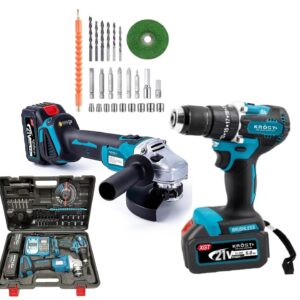 KROST PRO Series Combo Kit, Cordless Impact Drill, Cordless Angle Grinder, Brushless Motor, With 2 pcs 5.0Ah Batteries and Fast Charger