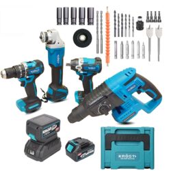 KROST PRO Series Multi Combo Kit, Cordless Impact Drill, Angle Grinder, Impact Wrench Rotary Hammer Brushless Motor with 2 pcs 5.0Ah Batteries and Fast Charger (with accessories)