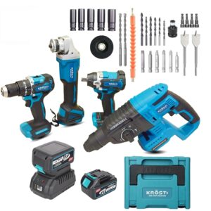 KROST PRO Series Multi Combo Kit, Cordless Impact Drill, Angle Grinder, Impact Wrench Rotary Hammer Brushless Motor with 2 pcs 5.0Ah Batteries and Fast Charger (with accessories)