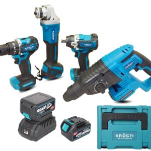KROST PRO Series Multi Combo Kit, Cordless Impact Drill, Angle Grinder, Impact Wrench Rotary Hammer Brushless Motor, Brushless Motor with 2 pcs 5.0Ah Batteries and Fast Charger (without accessories)