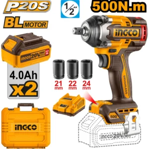 Ingco CIWLI2050 20V Cordless Impact Wrench – 500Nm Torque, Brushless Motor, Dual 4.0Ah Batteries, LED Light