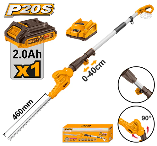 Ingco CPHT2016012 20V Lithium-Ion Pole Hedge Trimmer - 460mm Blade, 2800spm Speed, 18mm Cutting Diameter, Laser Cut Blade, 2.4m Length, Battery, Charger