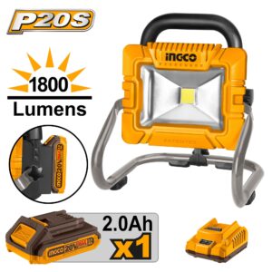INGCO CWLI20258 Cordless Portable Lamp, with Battery & Charger, Lumens High:1800 Low:900