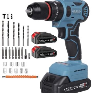 KROST Brushless Cordless Hammer 21v Drill Motor Multi Function Drill, Metal Chuck - 25 Stage Torque Screwdriver Keyless Drill Chuck 2pcs 21V Li-Ion Batteries Extra 30 Tools (Brushless Drill)