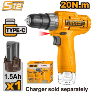 Ingco CDLI12428 12V Cordless Drill with 20Nm Torque, USB Type-C Charging, and 1.5Ah Battery