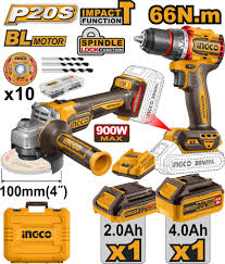 Ingco 2 pcs 20V Cordless Angle Grinder & Impact Drill Combo Kit With Battery, Charger & Accessories (CKLI2027310)