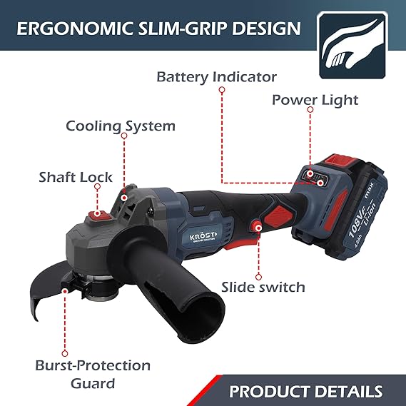 KROST ECO Series 21V Brushless Cordless Angle Grinder 115mm with 4.0Ah Li-ion Double Battery With Smart Variable Speed Control & Battery Indicator - Image 2