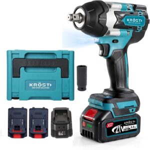 KROST Pro Series 850NM High Torque Cordless Impact Wrench 1/2″,Brushless Motor, 4 Mode Selection,Auto Stop Function, LED Light. (Impact Wrench) (Double Battery)