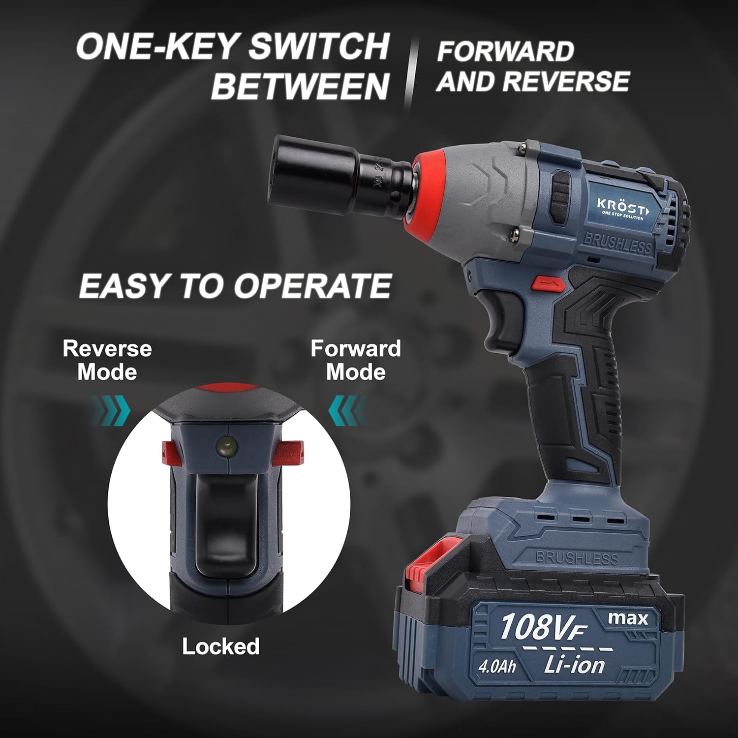 KROST ECO Series 380NM Brushless Round Cordless Impact Wrench Kit, 21V Double Li-Ion Batteries,Auto Stop Function, Forward/Reverse Rotation 4.0mAh Battery | Fast Charger(Impact Wrench) - Image 4