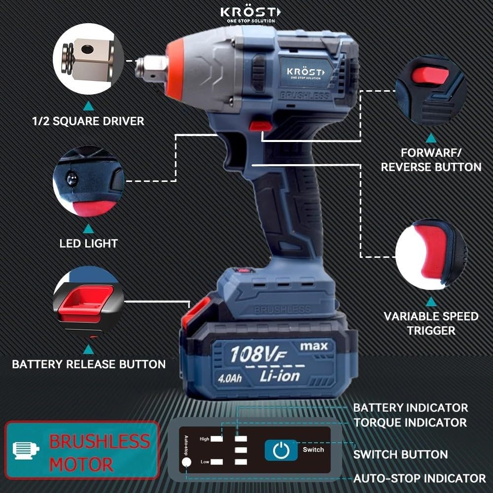 KROST ECO Series 380NM Brushless Round Cordless Impact Wrench Kit, 21V Double Li-Ion Batteries,Auto Stop Function, Forward/Reverse Rotation 4.0mAh Battery | Fast Charger(Impact Wrench) - Image 3