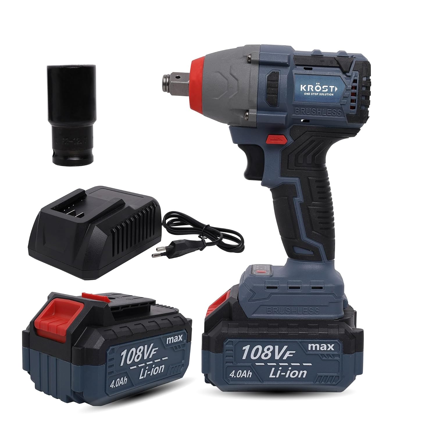 KROST ECO Series 380NM Brushless Round Cordless Impact Wrench Kit, 21V Double Li-Ion Batteries,Auto Stop Function, Forward/Reverse Rotation 4.0mAh Battery | Fast Charger(Impact Wrench)
