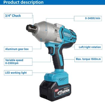 KROST Pro Series 1500NM Torque Cordless Impact Wrench 3/4",Brushless Motor with 3/4"-1/2" Converter Double Li-Ion Batteries, Forward/Reverse Rotation (Bare Tool)