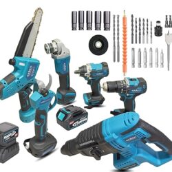 KROST PRO Series Multi-Use Combo Kit, Cordless Impact Drill, Angle Grinder, Impact Wrench,Rotary Hammer,Chainsaw,Pruning Shear, Brushless Motor with 2 pcs Batteries and Fast Charger