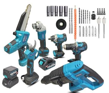KROST PRO Series Multi-Use Combo Kit, Cordless Impact Drill, Angle Grinder, Impact Wrench,Rotary Hammer,Chainsaw,Pruning Shear, Brushless Motor with 2 pcs Batteries and Fast Charger