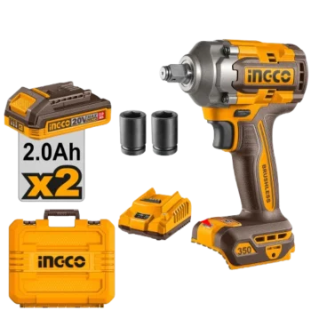 Ingco CIWLI2035 20V Cordless Impact Wrench - Brushless Motor, 350Nm Torque, LED Light, Dual Battery Pack