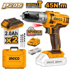 Ingco CIDLI201452 20V Impact Drill - 45Nm Torque, 2-Speed Gear, Auto-Lock Keyless Chuck, LED Work Light