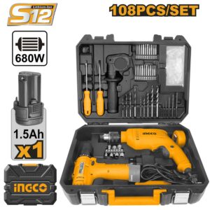 INGCO 108 Pcs Tool Kit with 12 V Li-ion Cordless Drill & Impact Drill 13 mm (HKTHP11081)