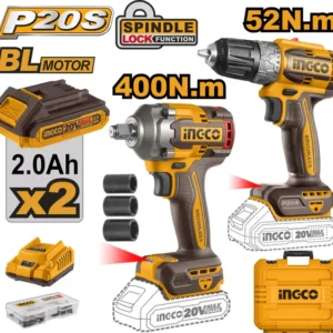 Ingco CKLI20271 20V Cordless Combo Kit – Drill & Impact Wrench, Brushless Motor, 400Nm Torque, 47 Accessories