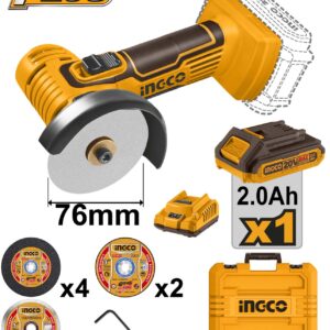 Ingco CAGLI76012 76 mm (3″) 20V Cordless Mini Angle Grinder With Battery, Charger & Accessories, 19500 RPM