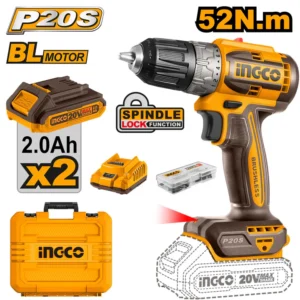 INGCO Cordless Drill Max Torque 52 Nm, 22+1 Torque Settings, 20V Brushless Electric Drill with 2.0Ah Battery and Charger CDLI20453